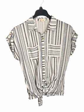 Women Eden & Olivia Button Down Tie Front Black White Striped Shirt Large